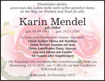 Traueranzeige von Karin Mendel von Wochenspiegel Quedlinburg