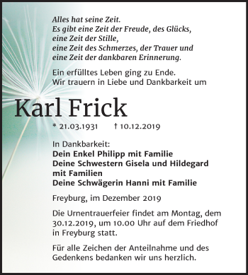 Traueranzeige von Karl Frick von Mitteldeutsche Zeitung Naumburg/Nebra