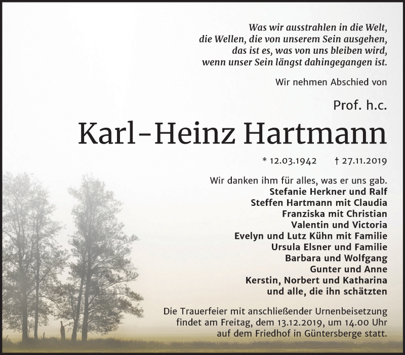  Traueranzeige für Karl-Heinz Hartmann vom 07.12.2019 aus Mitteldeutsche Zeitung Quedlinburg
