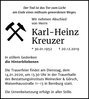 Traueranzeige von Karl-Heinz Kreuzer von Mitteldeutsche Zeitung Bernburg