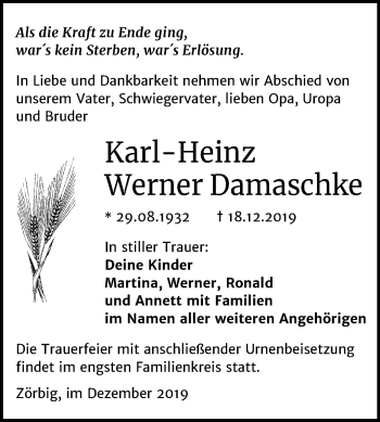 Traueranzeige von Karl-Heinz Werner Damaschke von Mitteldeutsche Zeitung Bitterfeld