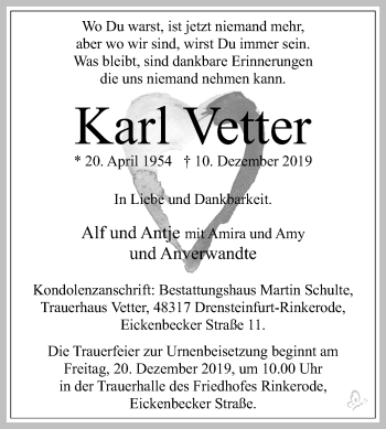 Traueranzeige von Karl Vetter von Mitteldeutsche Zeitung Merseburg/Querfurt