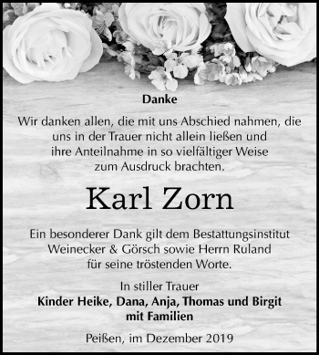 Traueranzeige von Karl Zorn von Super Sonntag Bernburg