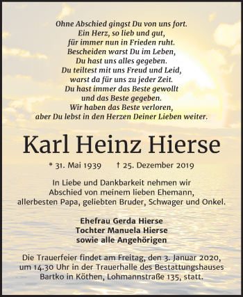 Traueranzeige von Karl Heinz Hierse von Mitteldeutsche Zeitung Köthen