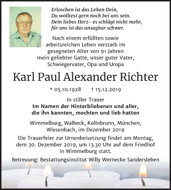 Traueranzeige von Karl Paul Alexander Richter von Mitteldeutsche Zeitung Mansfelder Land