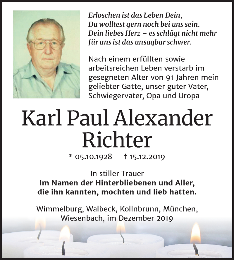  Traueranzeige für Karl Paul Alexander Richter vom 20.12.2019 aus Mitteldeutsche Zeitung Mansfelder Land