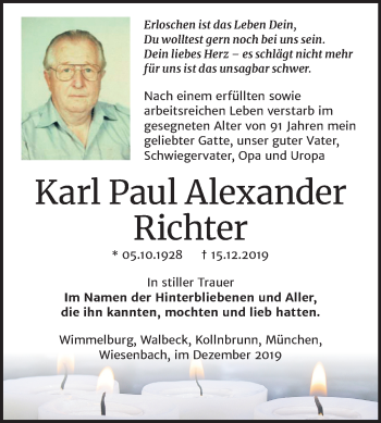 Traueranzeige von Karl Paul Alexander Richter von Super Sonntag Mansfelder Land