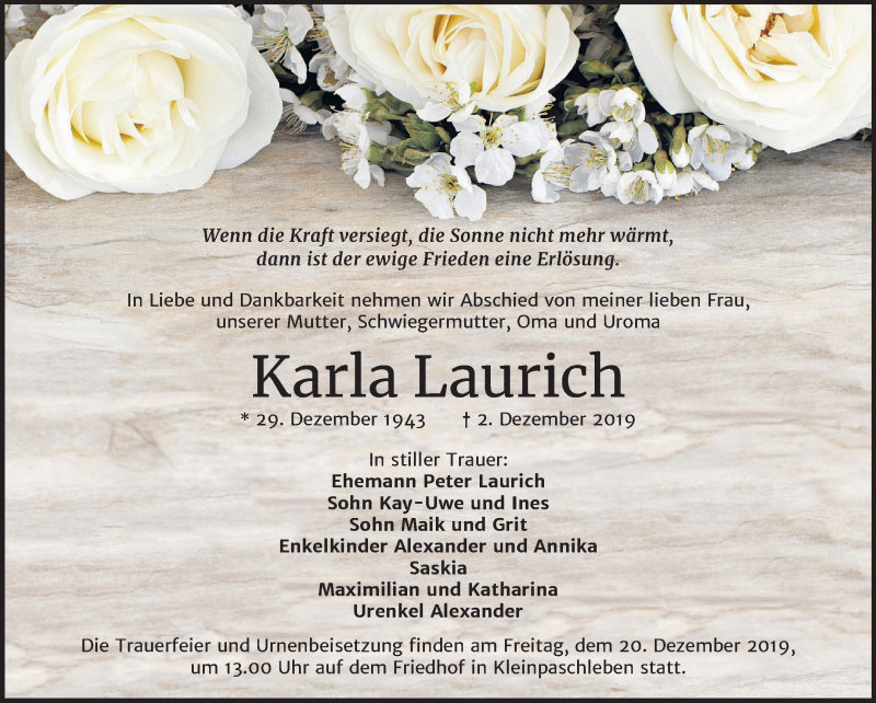  Traueranzeige für Karla Laurich vom 07.12.2019 aus Super Sonntag Köthen