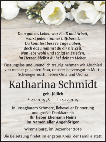 Traueranzeige von Katharina Schmidt von Mitteldeutsche Zeitung Mansfelder Land