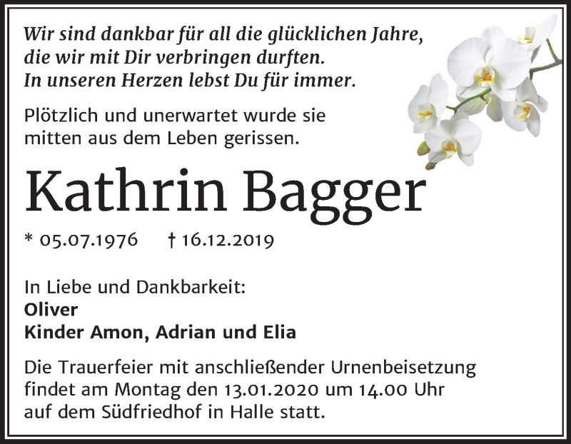  Traueranzeige für Kathrin Bagger vom 21.12.2019 aus Mitteldeutsche Zeitung Halle/Saalkreis