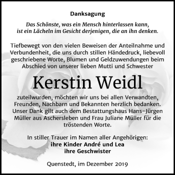 Traueranzeige von Kerstin Weidl von Mitteldeutsche Zeitung Mansfelder Land