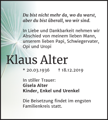 Traueranzeige von Klaus Alter von Mitteldeutsche Zeitung Dessau-Roßlau
