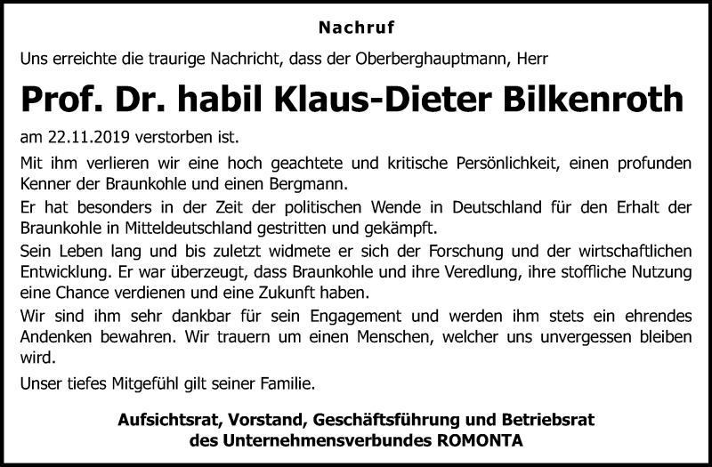  Traueranzeige für Klaus-Dieter Bilkenroth vom 11.12.2019 aus Mitteldeutsche Zeitung Mansfelder Land / Weißenfels / Zeitz