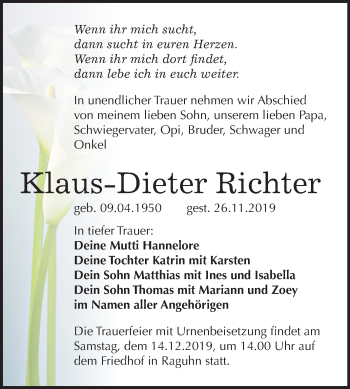 Traueranzeige von Klaus-Dieter Richter von Mitteldeutsche Zeitung Bitterfeld