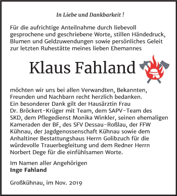 Traueranzeige von Klaus Fahland von Mitteldeutsche Zeitung Dessau-Roßlau