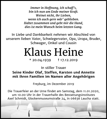 Traueranzeige von Klaus Heine von Mitteldeutsche Zeitung Naumburg/Nebra