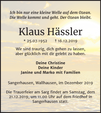 Traueranzeige von Klaus Hässler von Mitteldeutsche Zeitung Sangerhausen
