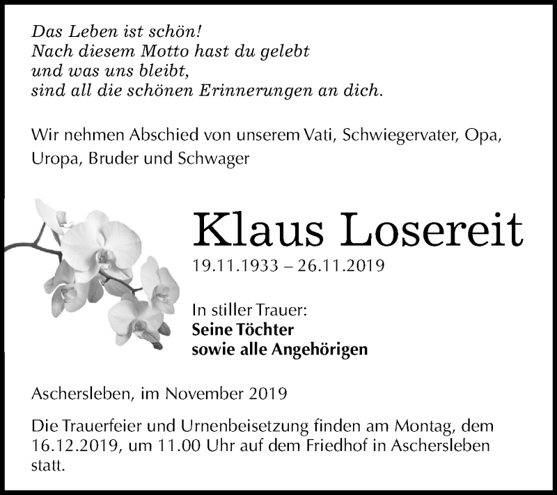 Traueranzeigen von Klaus Losereit www.abschiednehmen.de