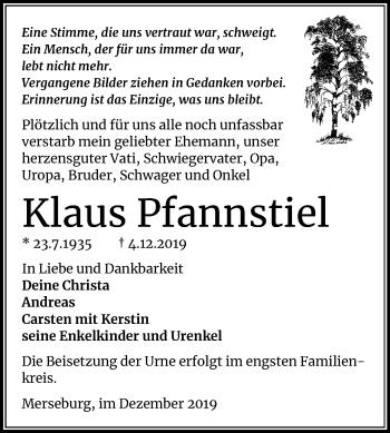 Traueranzeige von Klaus Pfannstiel von Super Sonntag Merseburg/Querfurt