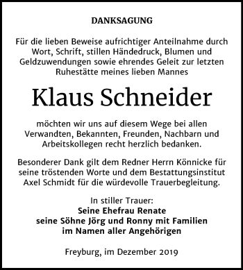 Traueranzeige von Klaus Schneider von Mitteldeutsche Zeitung Naumburg/Nebra