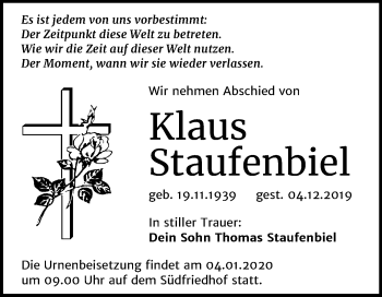 Traueranzeige von Klaus Staufenbiel von Mitteldeutsche Zeitung Halle/Saalkreis
