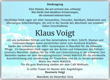 Traueranzeige von Klaus Voigt von Mitteldeutsche Zeitung Mansfelder Land