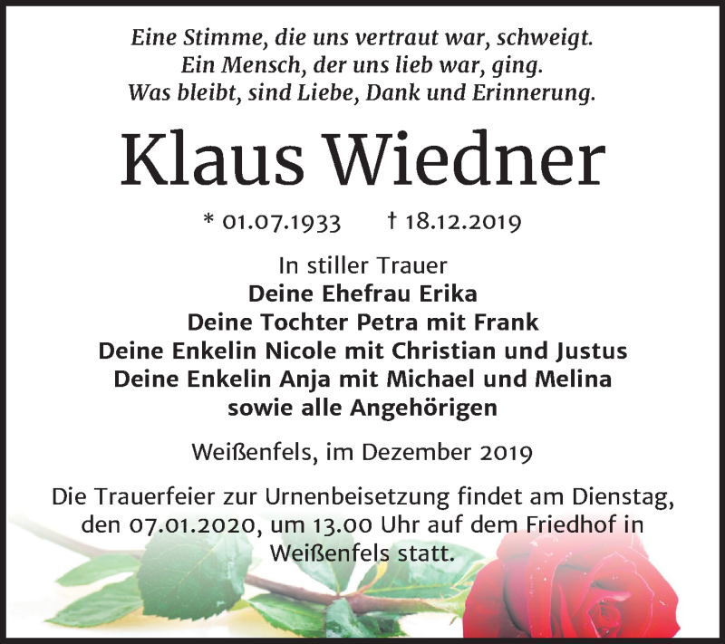  Traueranzeige für Klaus Wiedner vom 28.12.2019 aus Mitteldeutsche Zeitung Weißenfels