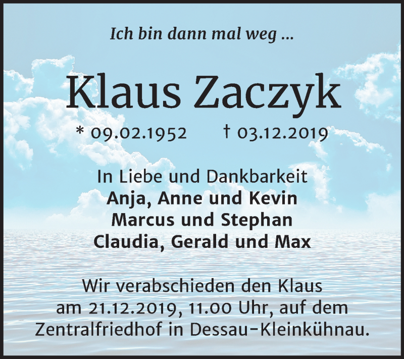  Traueranzeige für Klaus Zaczyk vom 14.12.2019 aus Mitteldeutsche Zeitung Dessau-Roßlau