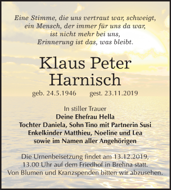 Traueranzeige von Klaus Peter Harnisch von Mitteldeutsche Zeitung Bitterfeld