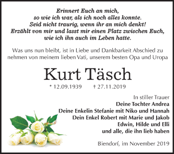 Traueranzeige von Kurt Täsch von Mitteldeutsche Zeitung Bernburg