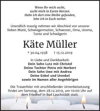 Traueranzeige von Käte Müller von Mitteldeutsche Zeitung Merseburg/Querfurt