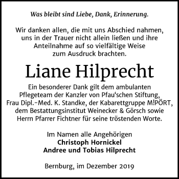 Traueranzeige von Liane Hilprecht von Super Sonntag Bernburg