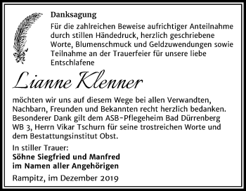 Traueranzeige von Lianne Klenner von Super Sonntag Merseburg/Querfurt