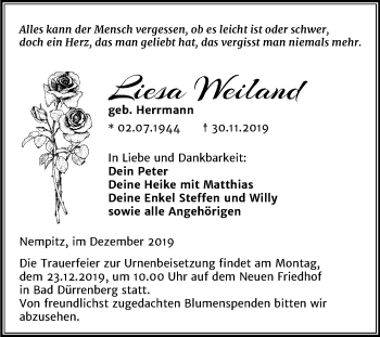 Traueranzeige von Liesa Weiland von Super Sonntag Merseburg/Querfurt