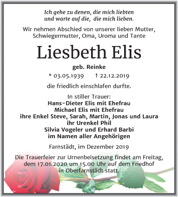 Traueranzeige von Liesbeth Elis von Mitteldeutsche Zeitung Merseburg/Querfurt