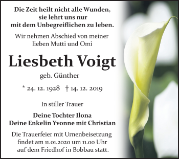Traueranzeige von Liesbeth Voigt von Mitteldeutsche Zeitung Bitterfeld
