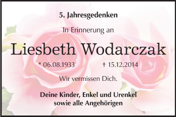 Traueranzeige von Liesbeth Wodarczak von Super Sonntag Köthen
