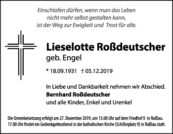 Traueranzeige von Lieselotte Roßdeutscher von Mitteldeutsche Zeitung Bitterfeld