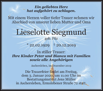 Traueranzeige von Lieselotte Siegmund von Super Sonntag Aschersleben