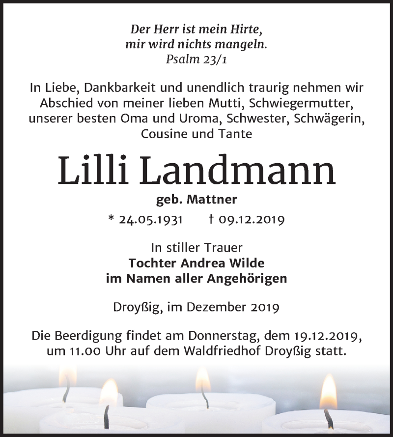  Traueranzeige für Lilli Landmann vom 14.12.2019 aus Super Sonntag Zeitz