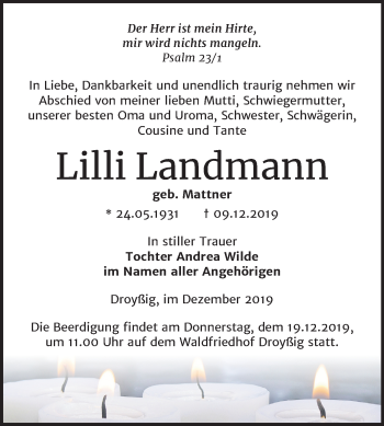 Traueranzeige von Lilli Landmann von Mitteldeutsche Zeitung Zeitz