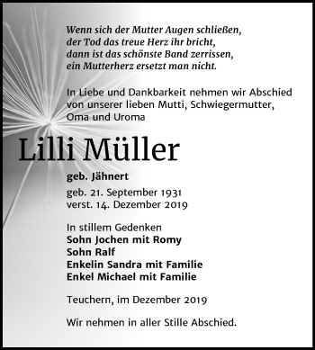 Traueranzeige von Lilli Müller von Wochenspiegel Weißenfels