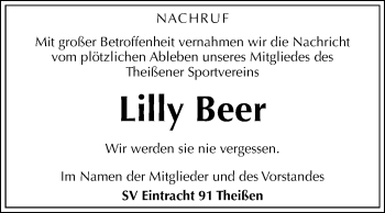 Traueranzeige von Lilly Beer von Mitteldeutsche Zeitung Zeitz