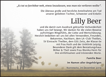 Traueranzeige von Lilly Beer von Mitteldeutsche Zeitung Zeitz