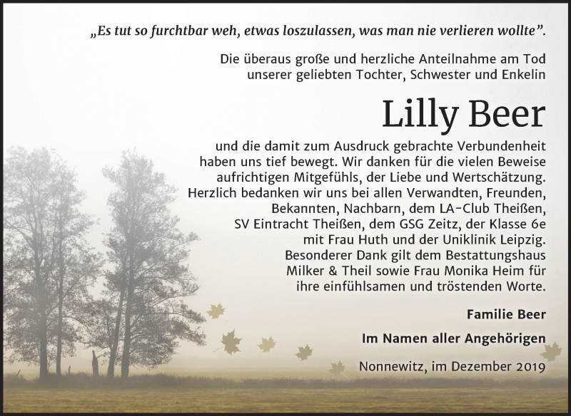  Traueranzeige für Lilly Beer vom 14.12.2019 aus Mitteldeutsche Zeitung Zeitz