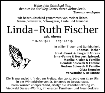 Traueranzeige von Linda-Ruth Fischer von Super Sonntag Dessau-Roßlau