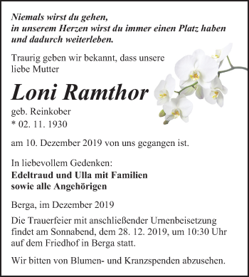 Traueranzeige von Loni Ramthor von Mitteldeutsche Zeitung Sangerhausen