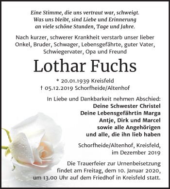 Traueranzeige von Lothar Fuchs von Mitteldeutsche Zeitung Mansfelder Land