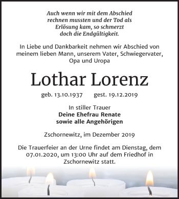 Traueranzeige von Lothar Lorenz von Mitteldeutsche Zeitung Wittenberg