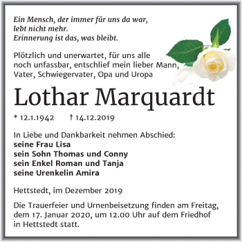 Traueranzeige von Lothar Marquardt von Mitteldeutsche Zeitung Mansfelder Land